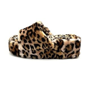 Women's Leopard Faux Fur Platform Slippers Size 6 Pazzle Cozy Plush Slides